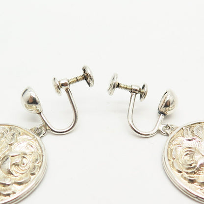 925 Sterling Silver Vintage Floral Design Dangling Screw Back  Earrings