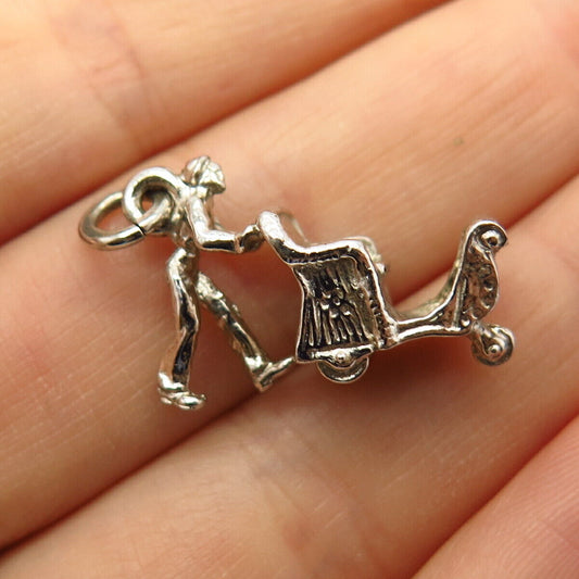 925 Sterling Silver Vintage Man Pushing Cart Design Charm Pendant