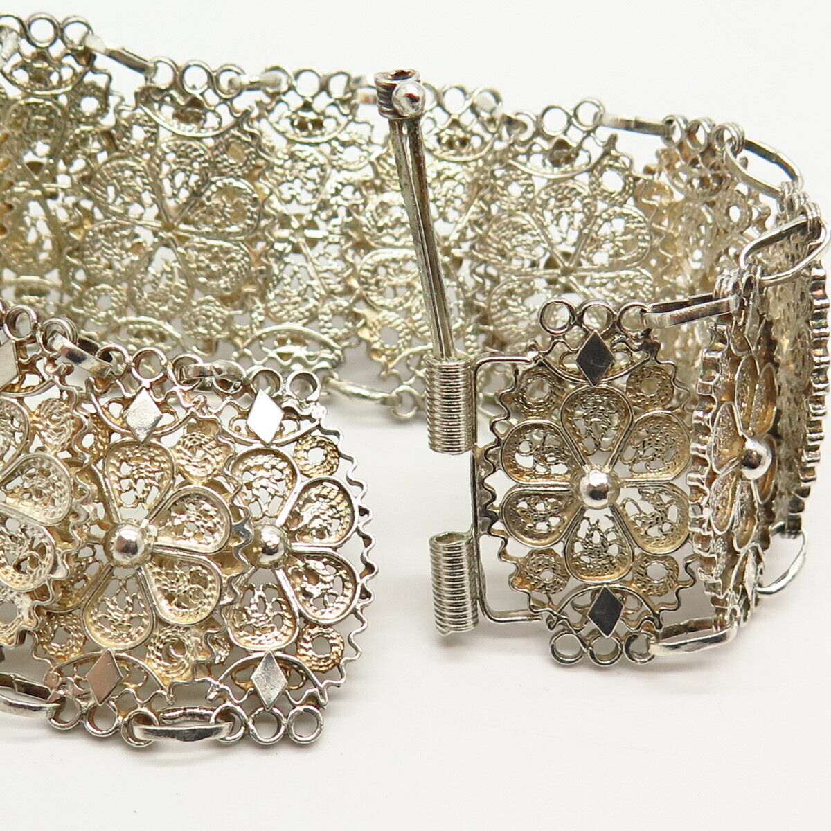 925 Sterling Silver Antique Filigree Floral Design Wide Link Bracelet 7"