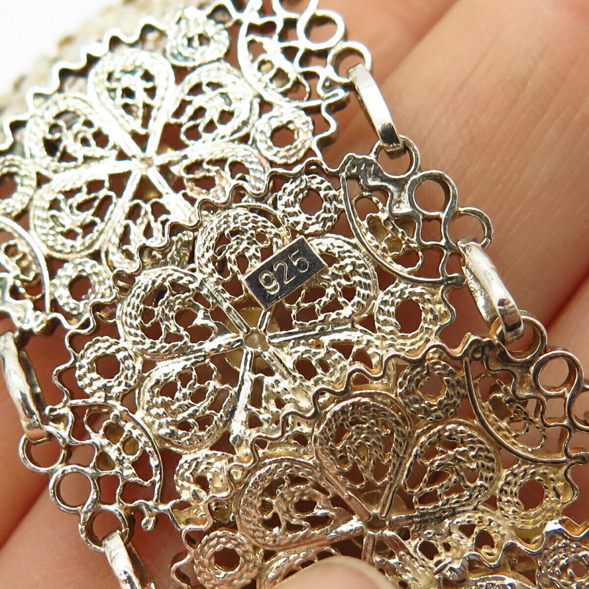 925 Sterling Silver Antique Filigree Floral Design Wide Link Bracelet 7"