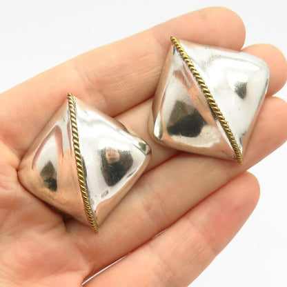 925 Sterling Silver 2-Tone Vintage Mexico Rhombus Puffy Earrings