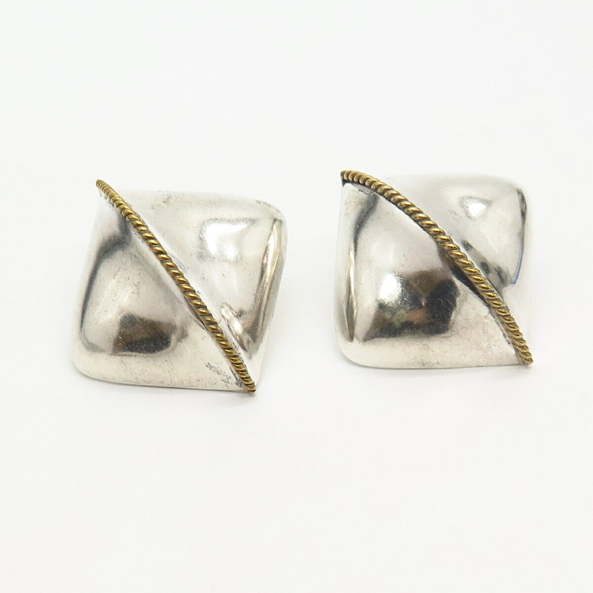 925 Sterling Silver 2-Tone Vintage Mexico Rhombus Puffy Earrings