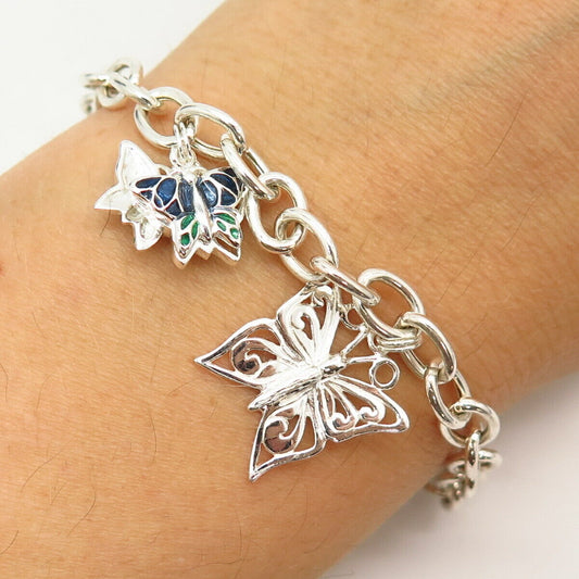 925 Sterling Silver Italy Multi-Color C Z Butterfly Charm Link Bracelet 6 3/4"