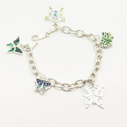 925 Sterling Silver Italy Multi-Color C Z Butterfly Charm Link Bracelet 6 3/4"