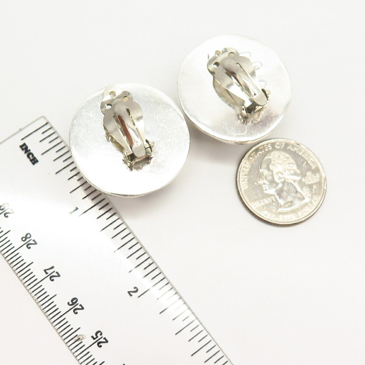 925 Sterling Silver Vintage Mexico Concave Design Hollow Clip On Earrings