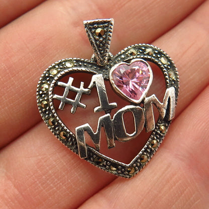 925 Sterling Marcasite Gem & Pink C Z "Number 1 Mom" Heart Pendant