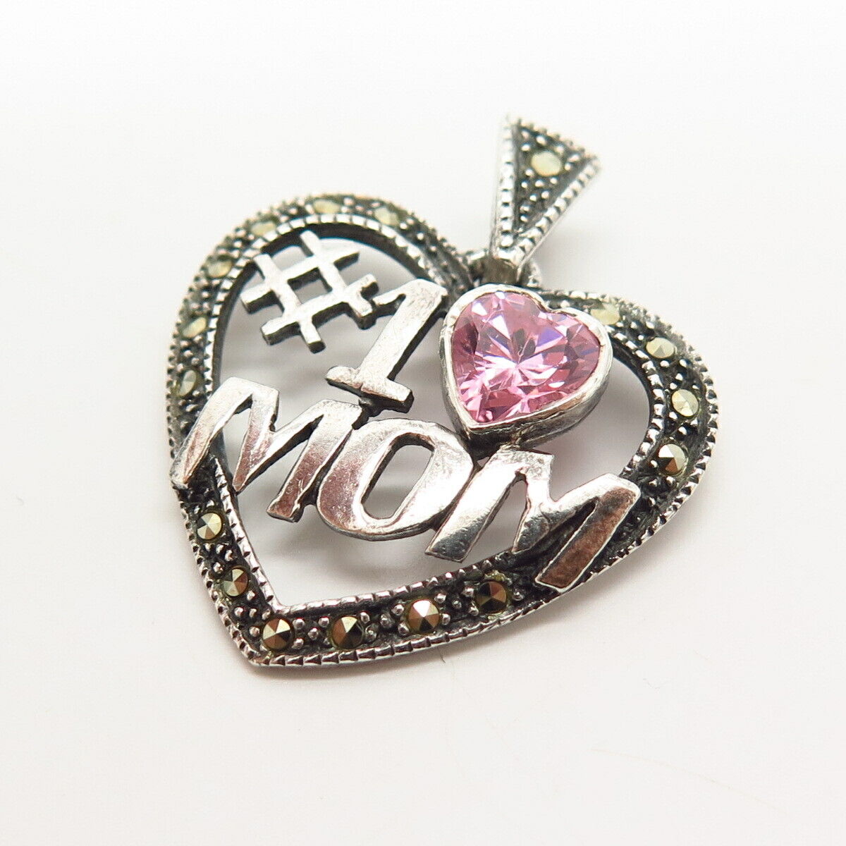 925 Sterling Marcasite Gem & Pink C Z "Number 1 Mom" Heart Pendant