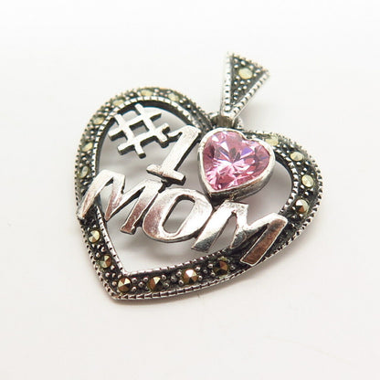 925 Sterling Marcasite Gem & Pink C Z "Number 1 Mom" Heart Pendant