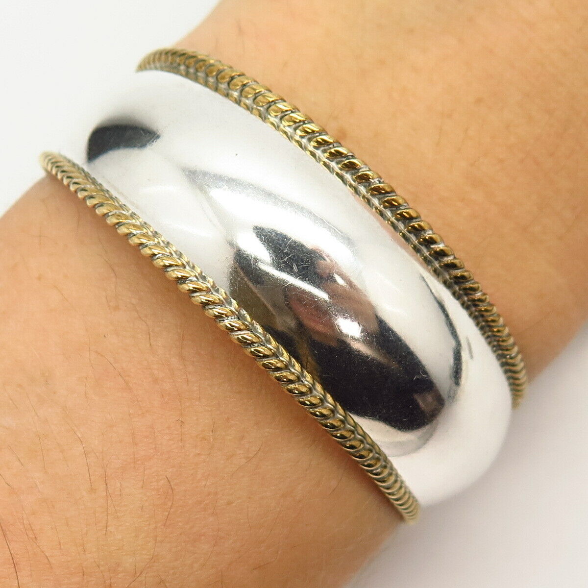 925 Sterling Silver 2-Tone Vintage Mexico Twisted Accent Cuff Bracelet 6.5"