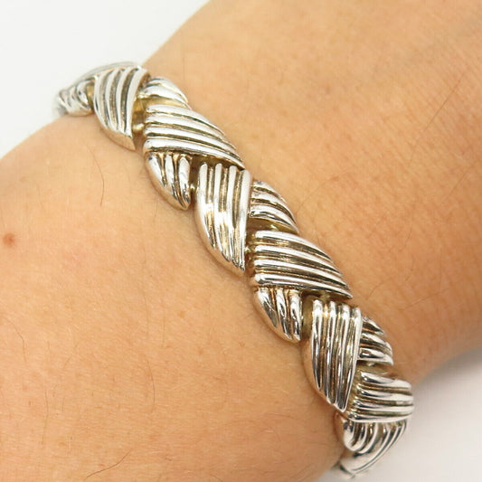 925 Sterling Silver Crossover Ribbed Design Link Bracelet 7"