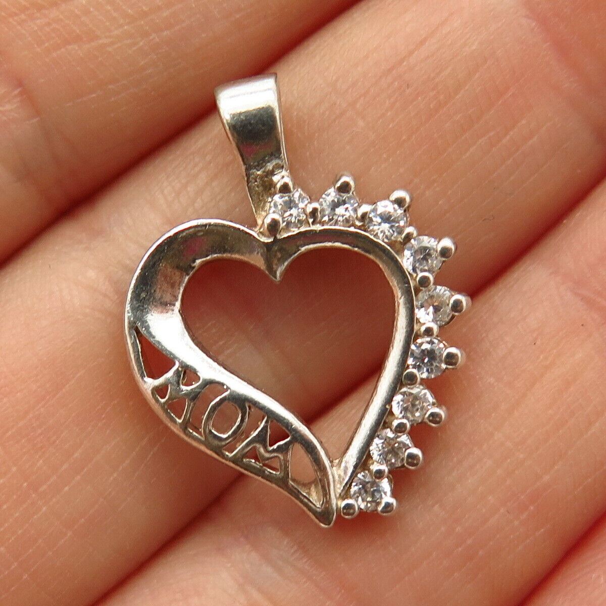 925 Sterling Silver C Z "Mom" Open Heart Design Pendant