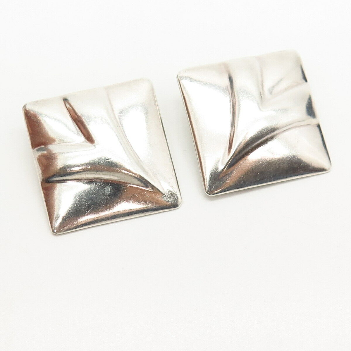 925 Sterling Silver Vintage Mexico Modernist Design Hollow Clip On Earrings