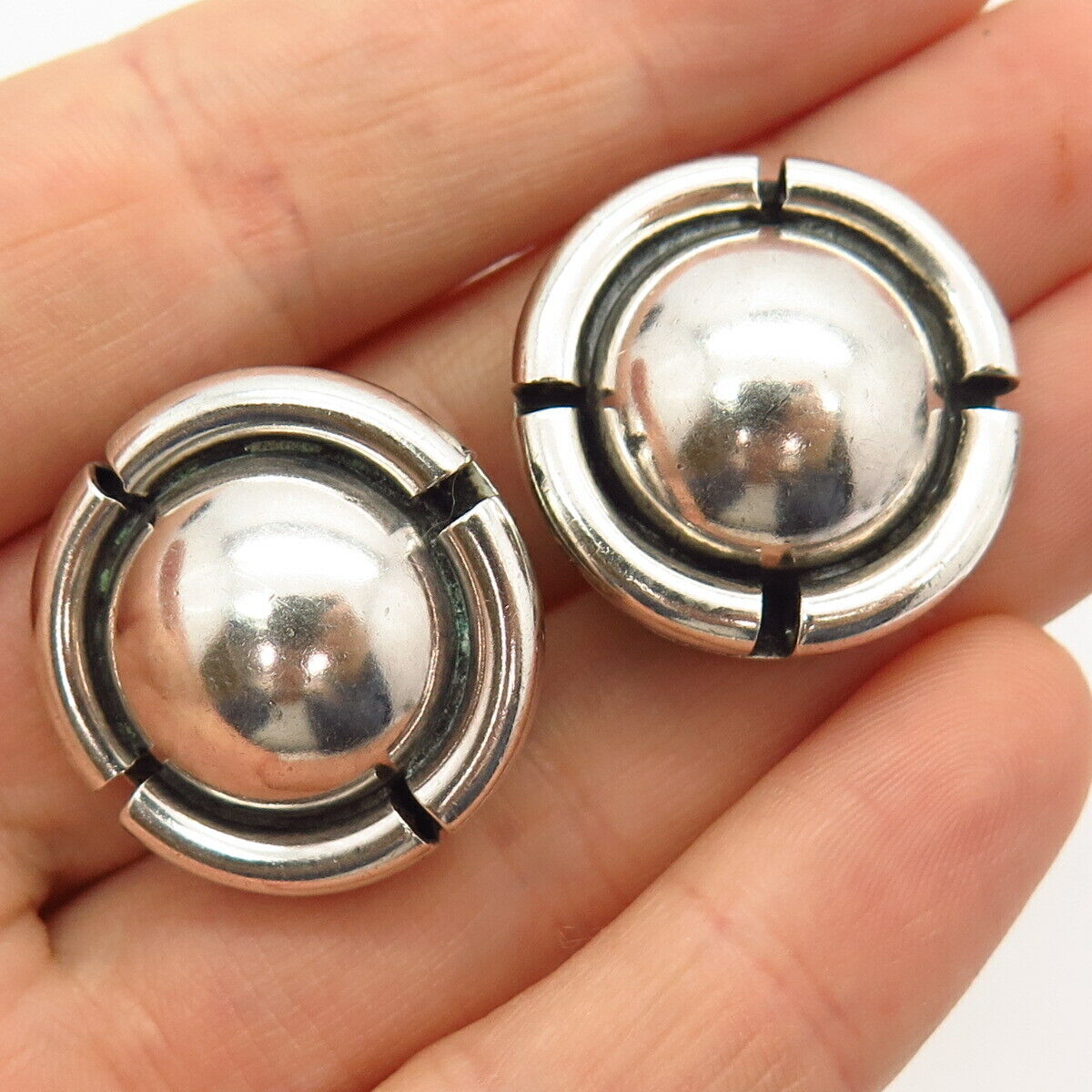 925 Sterling Silver Vintage Mexico Domed Design Hollow Clip On Earrings