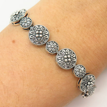 925 Sterling Silver Floral Design Link Bracelet 6 3/4"