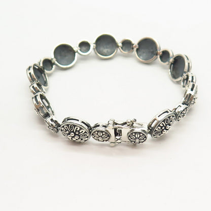 925 Sterling Silver Floral Design Link Bracelet 6 3/4"