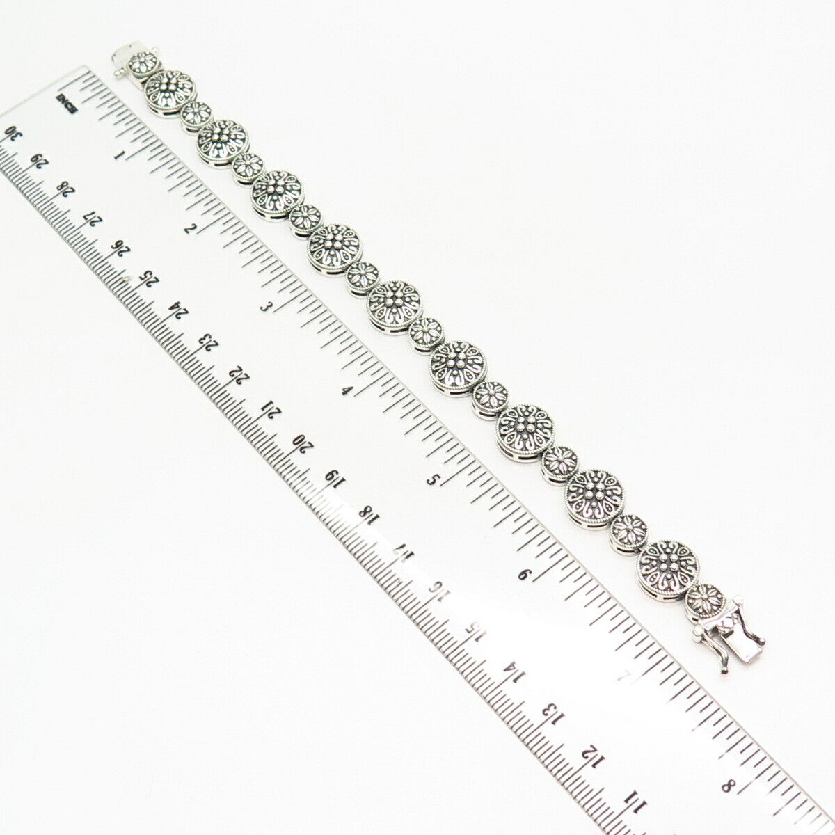 925 Sterling Silver Floral Design Link Bracelet 6 3/4"