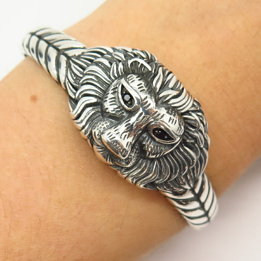 925 Sterling Silver Black C Z Lion Design Hinged Bangle Bracelet 7"