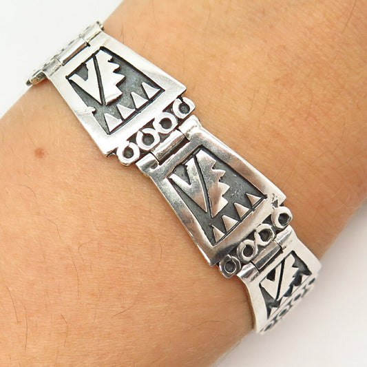 925 Sterling Silver Vintage Mexico Tribal Design Link Bracelet 6 3/4"