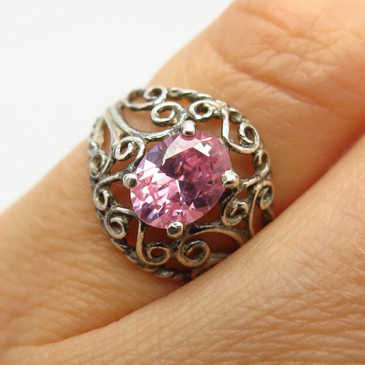 925 Sterling Silver Pink C Z Swirl Design Ring Size 5