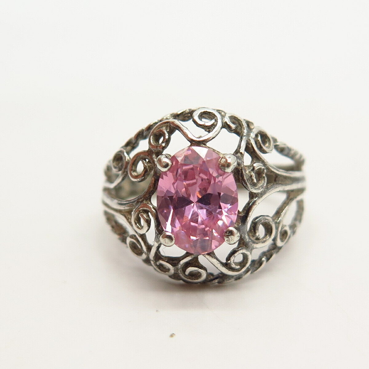 925 Sterling Silver Pink C Z Swirl Design Ring Size 5