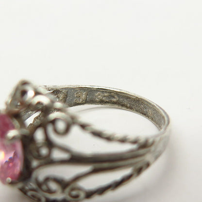 925 Sterling Silver Pink C Z Swirl Design Ring Size 5