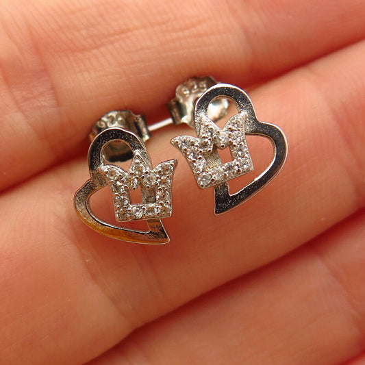 925 Sterling Silver C Z Heart & Crown Stud Earrings