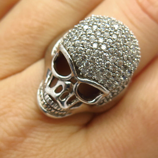 925 Sterling Silver Pave C Z Skull Design Biker Ring Size 6.5