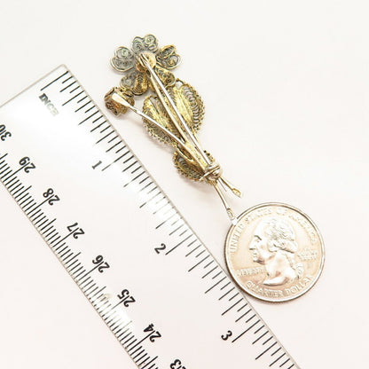 800 Silver 2-Tone Vintage Filigree Floral Design Pin Brooch