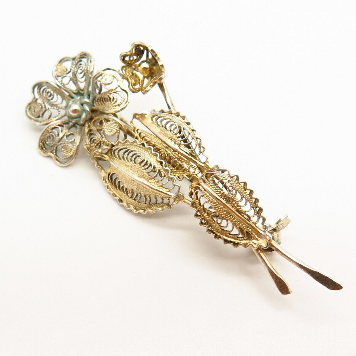 800 Silver 2-Tone Vintage Filigree Floral Design Pin Brooch