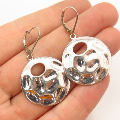 925 Sterling Silver Wrinkled Disc Design Dangling Earrings