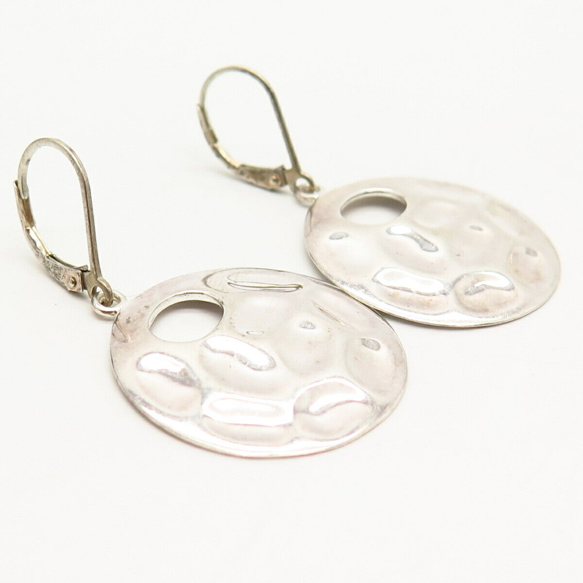 925 Sterling Silver Wrinkled Disc Design Dangling Earrings