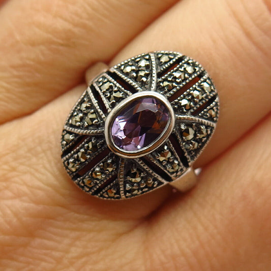 925 Sterling Silver Real Marcasite & Amethyst Gem Oval Shape Ring Size 7 3/4