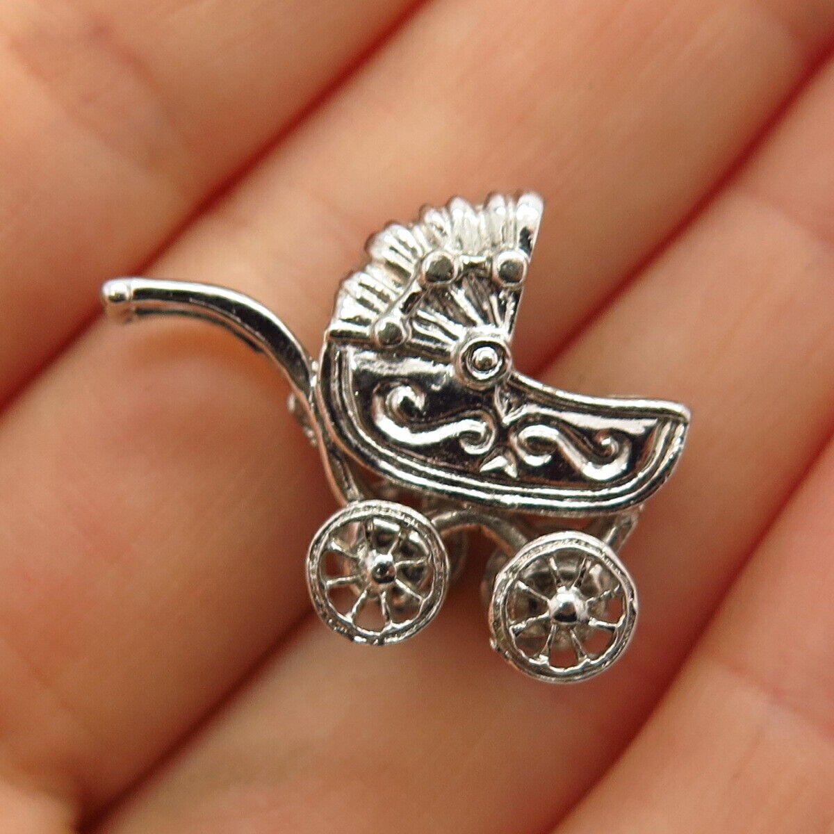 925 Sterling Silver Vintage Pram / Baby Stroller Design Charm Pendant