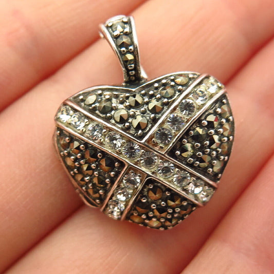 925 Sterling Silver Real Marcasite Gem & C Z Heart Design Locket Pendant