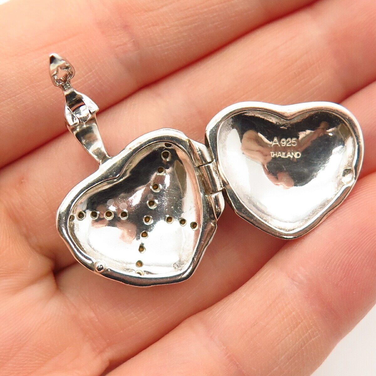 925 Sterling Silver Real Marcasite Gem & C Z Heart Design Locket Pendant