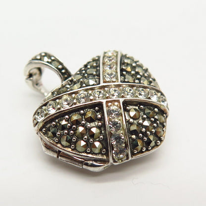 925 Sterling Silver Real Marcasite Gem & C Z Heart Design Locket Pendant