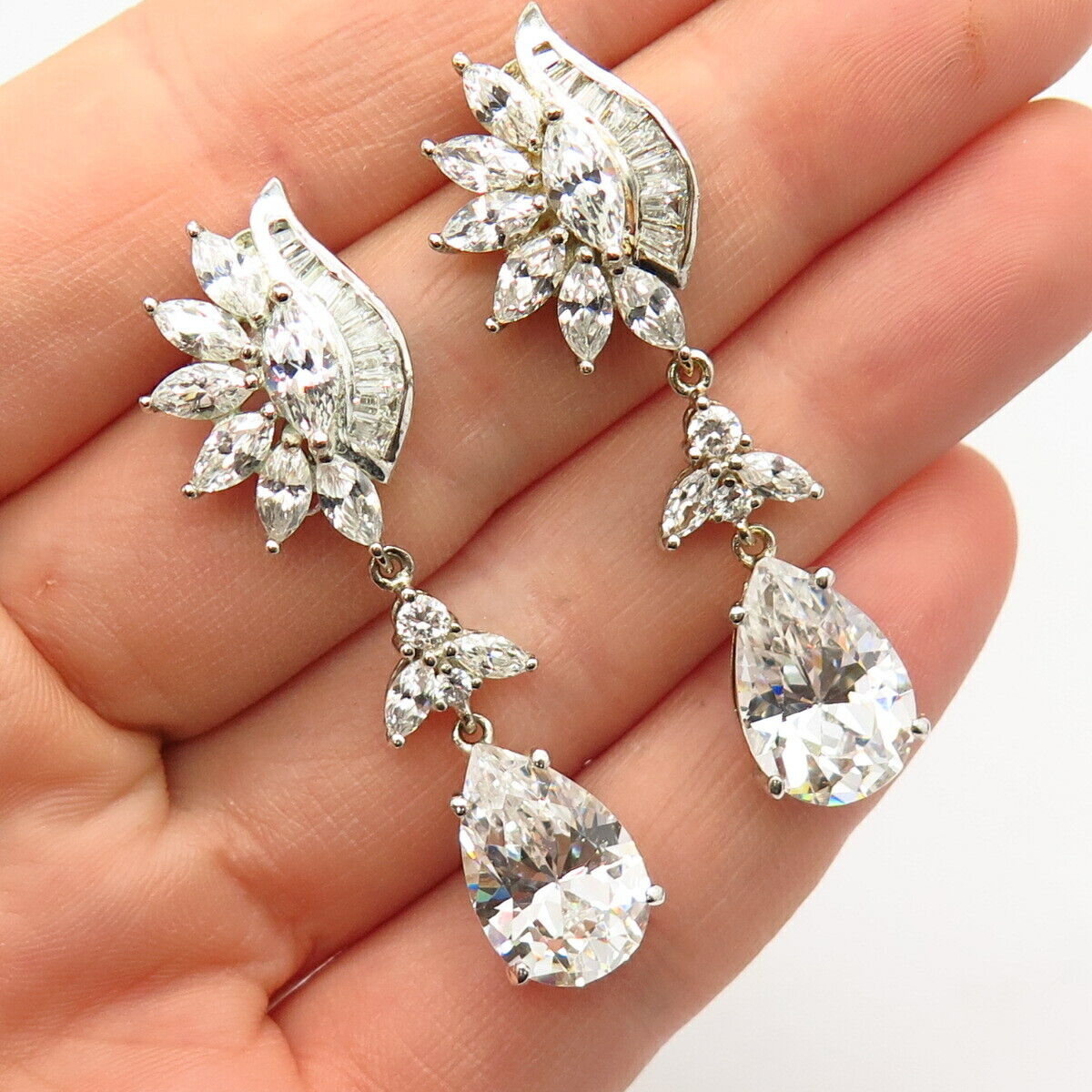 925 Sterling Silver C Z Floral Design Statement Dangling Earrings