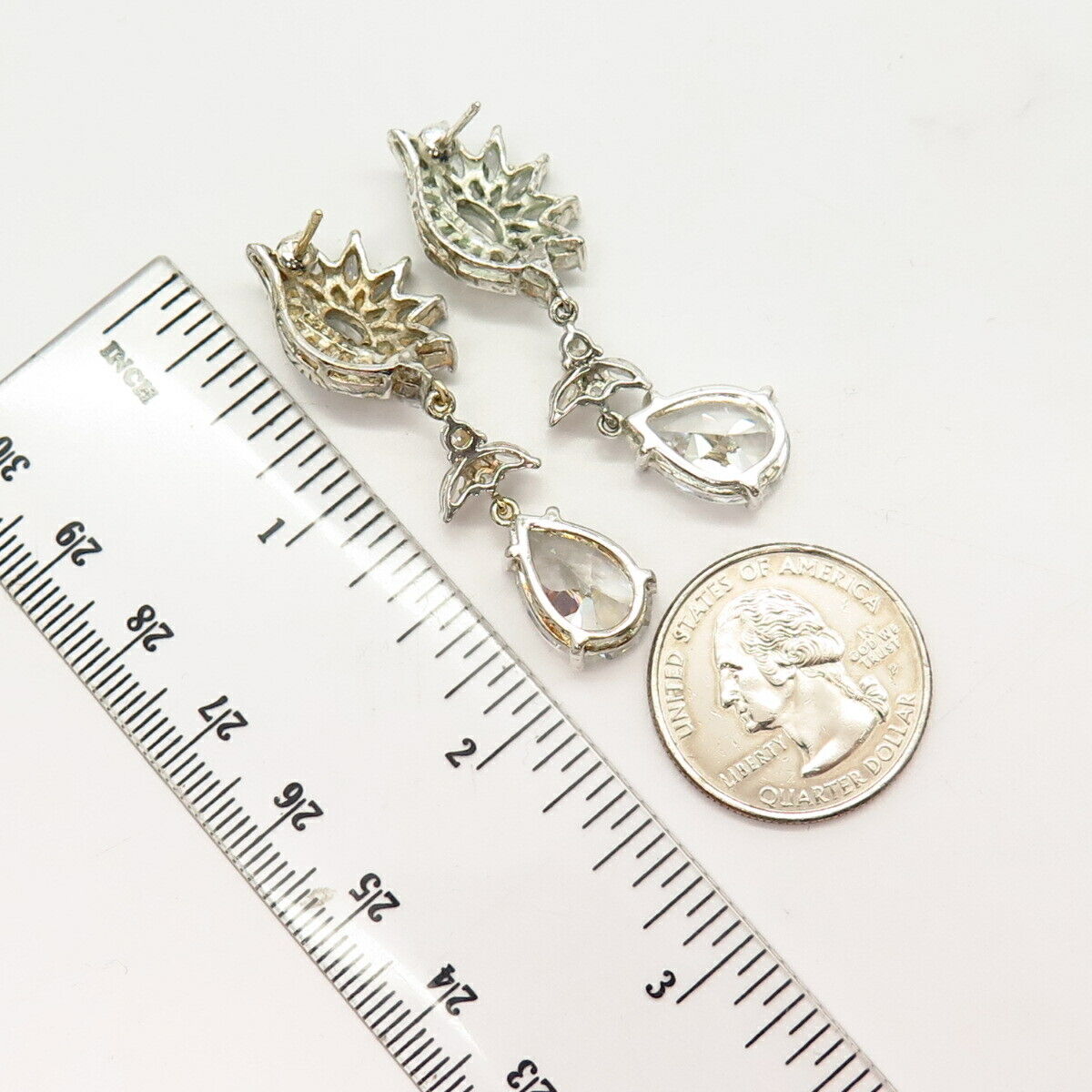 925 Sterling Silver C Z Floral Design Statement Dangling Earrings