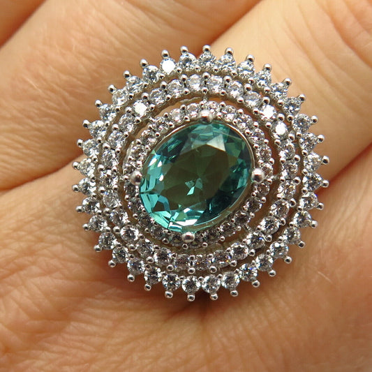 925 Sterling Silver White & Blue Topaz-Tone C Z Ring Size 8