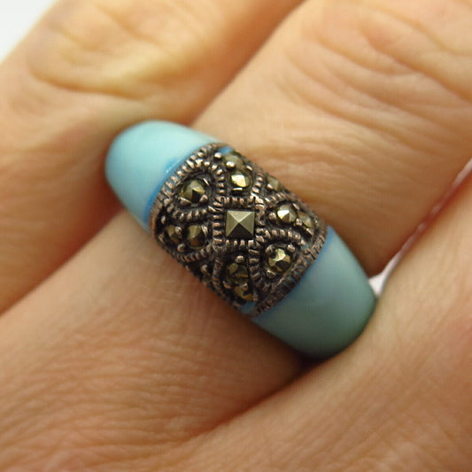 925 Sterling Silver Real Marcasite Gem & Faux Turquoise Ring Size 7