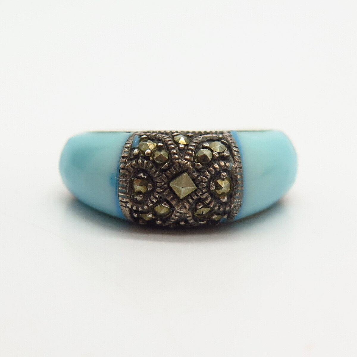 925 Sterling Silver Real Marcasite Gem & Faux Turquoise Ring Size 7