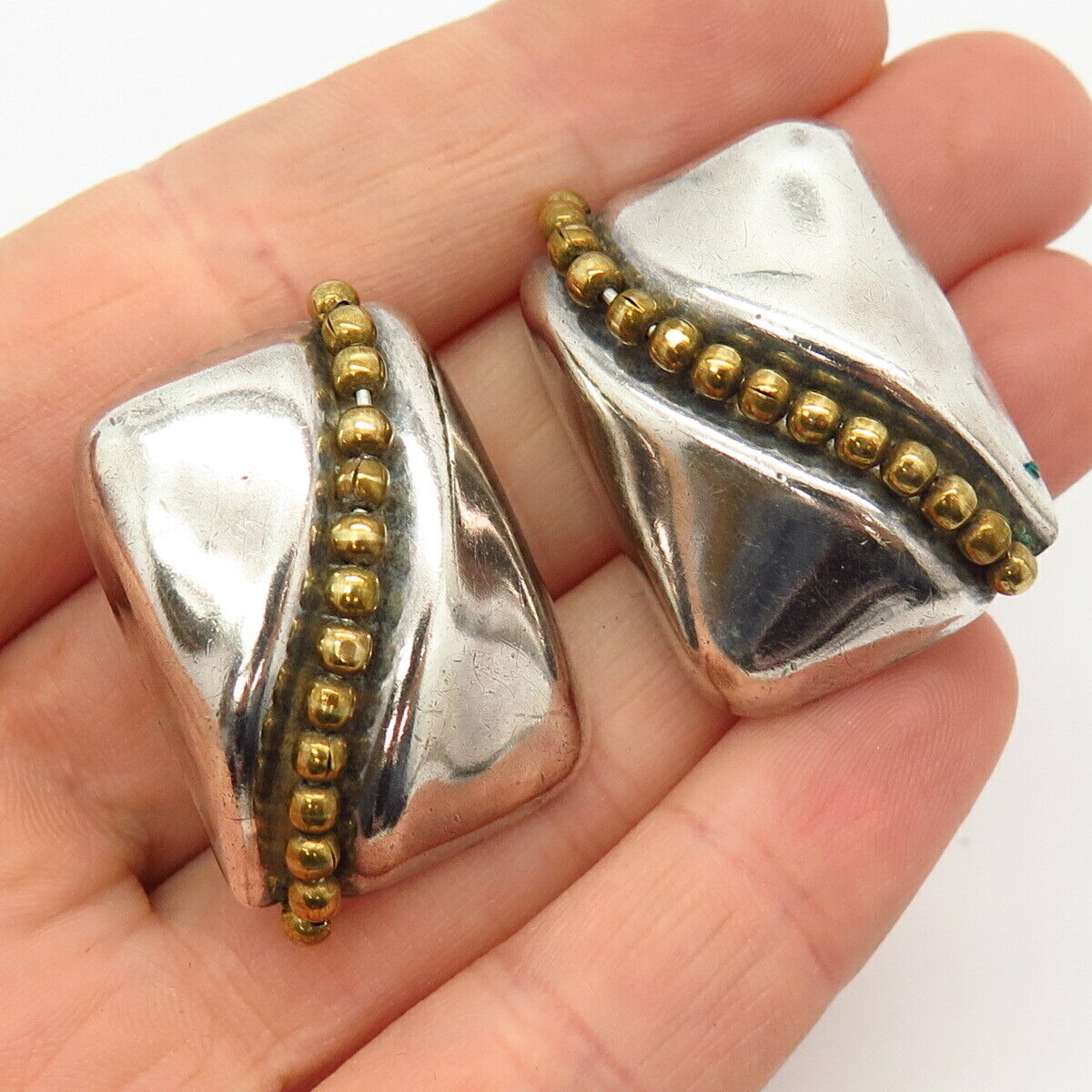 925 Sterling Silver 2-Tone Vintage Mexico Bead Design Clip On Earrings