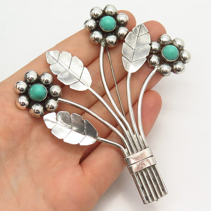 925 Sterling Vintage Mexico Turquoise Gem Bouquet Floral Design Pin Brooch