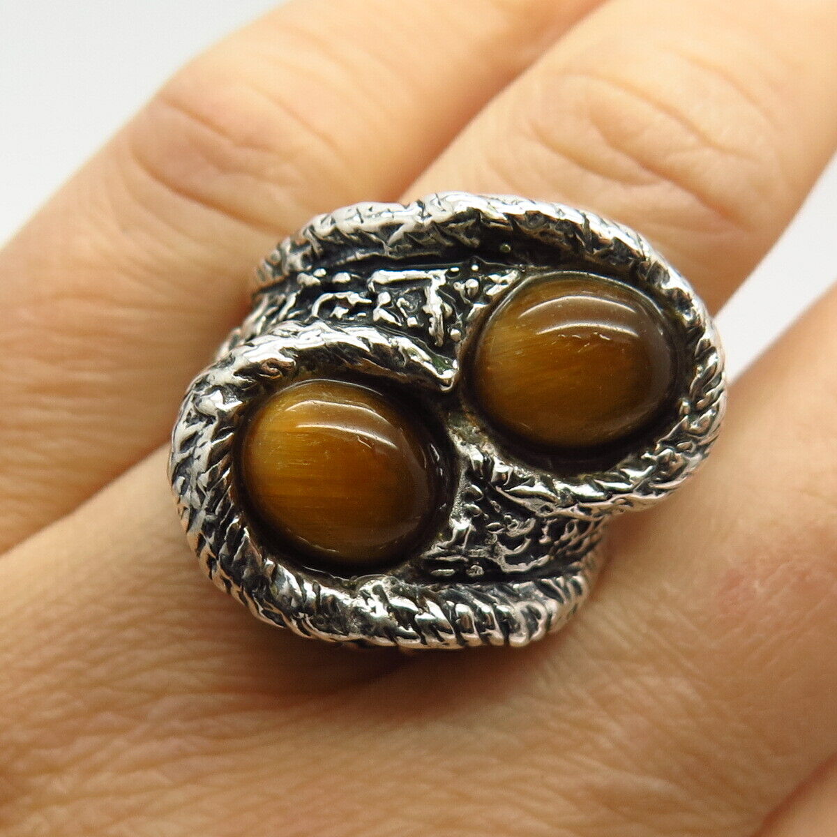 925 Sterling Silver Vintage Real Tiger Eye Gemstone Wide Ring Size 6