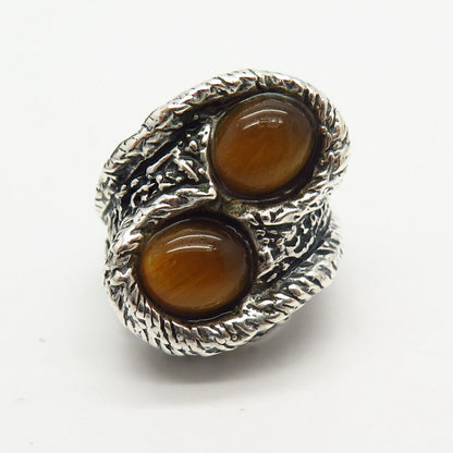 925 Sterling Silver Vintage Real Tiger Eye Gemstone Wide Ring Size 6