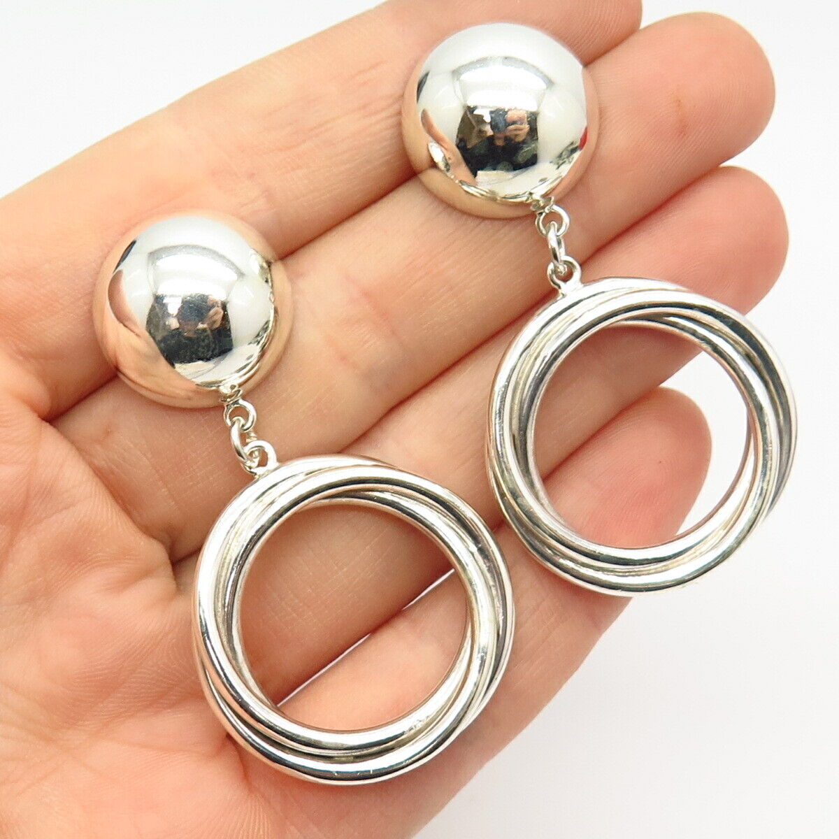 925 Sterling Silver Domed Design Hollow Dangling Hoop Earrings