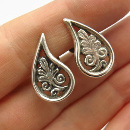 925 Sterling Silver Vintage Leaf Teardrop Design Screw Back Earrings