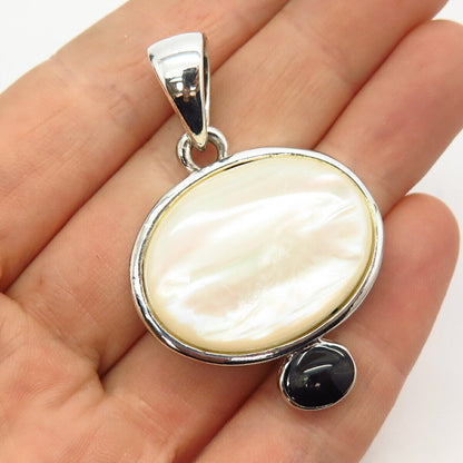 925 Sterling Silver Real Mother-of-Pearl & Black Onyx Gemstone Pendant