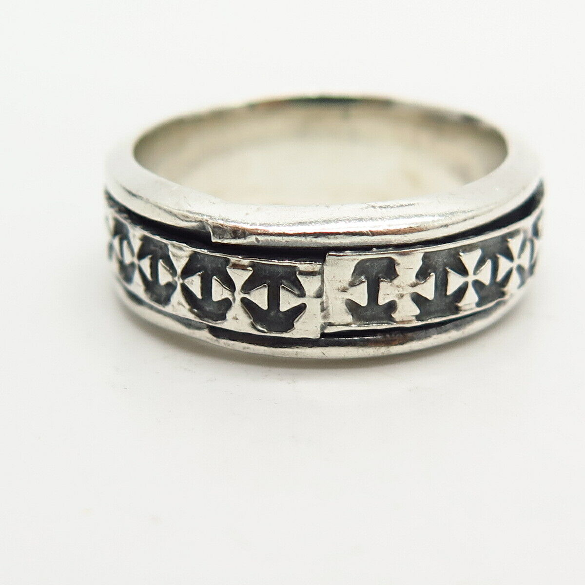 925 Sterling Silver Cross Pattern Rotating Men's Band Ring Size 10