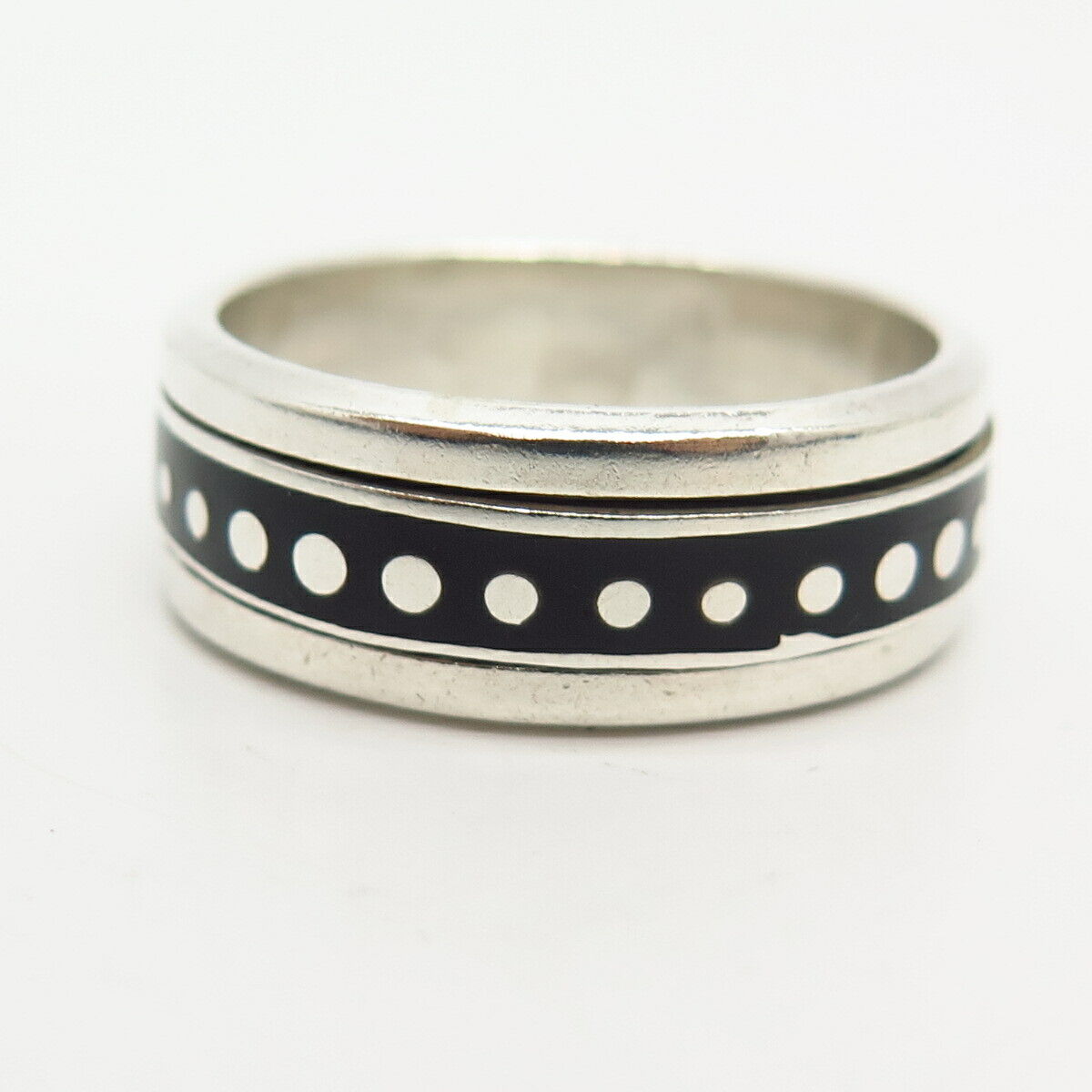 925 Sterling Vintage Mexico Enamel Polka Dot Rotating Men's Band Ring Size 14.5